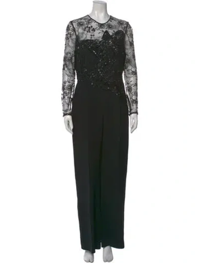 Pre-owned Elie Saab Lace Pattern Crew Neck Jumpsuit In Black