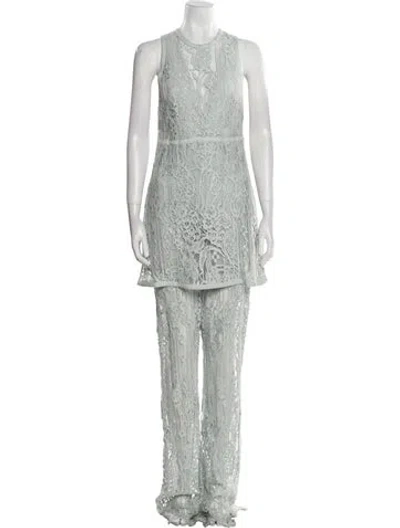 Pre-owned Elie Saab Lace Pattern Crew Neck Jumpsuit In Blue