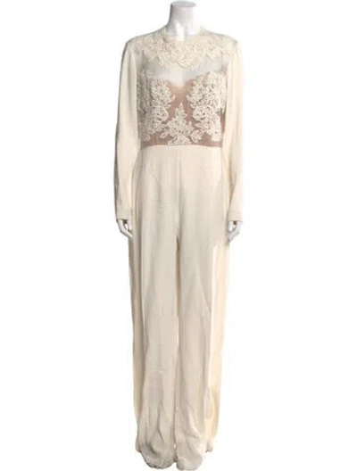 Pre-owned Elie Saab Lace Pattern Crew Neck Jumpsuit In Neutral