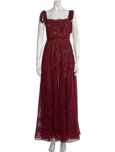 Pre-owned Elie Saab Lace Pattern Long Dress In Burgundy