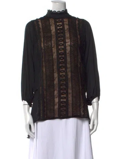 Pre-owned Elie Saab Lace Pattern Mock Neck Blouse In Black