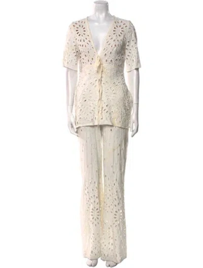 Pre-owned Elie Saab Lace Pattern Plunge Neckline Jumpsuit In Neutral