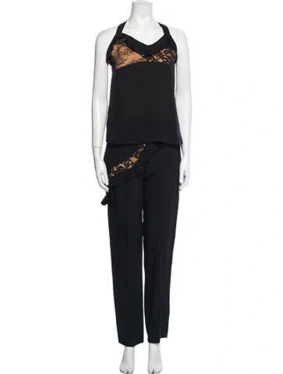 Pre-owned Elie Saab Lace Pattern Ruffle Embellishment Pant Set In Black