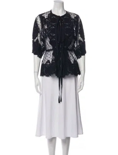 Pre-owned Elie Saab Lace Pattern Tie Neck Blouse In Black