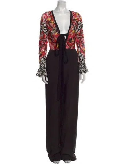 Pre-owned Elie Saab Lace Pattern V-neck Jumpsuit In Black