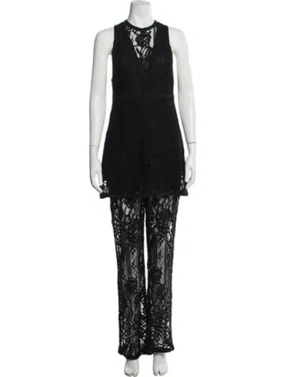 Pre-owned Elie Saab Lace Pattern V-neck Jumpsuit In Black