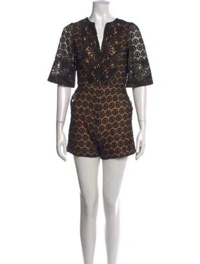 Pre-owned Elie Saab Lace Pattern V-neck Romper In Black