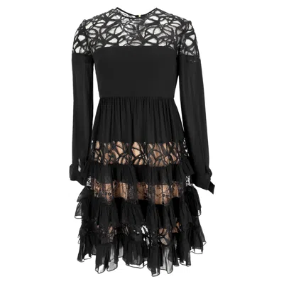 Elie Saab Lace-trimmed Long Sleeve Mini Tiered Dress In Black Polyamide