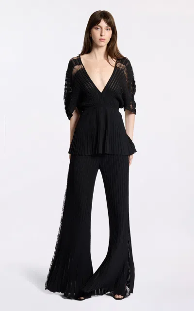 ELIE SAAB LACE-TRIMMED PLISSÉ KNIT TOP 