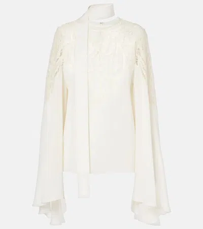 Elie Saab Lace-trimmed Tie-neck Georgette Blouse In White