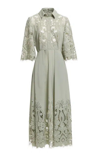 Elie Saab Lace-insert Button-front Midi Dress In Green