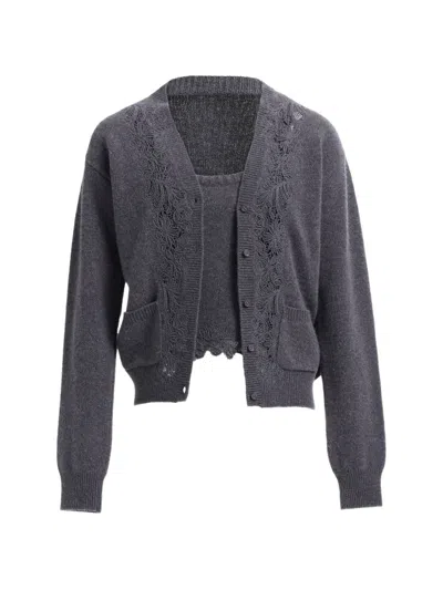 Elie Saab Lace-trim Knit Cardigan And Top Set In Gray