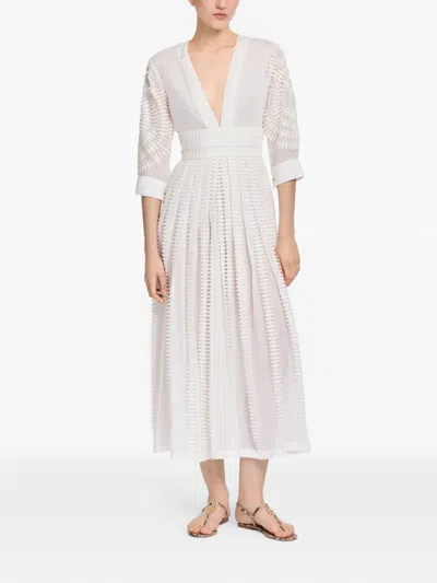 Elie Saab Ladder-stitch V-neck Dress In White