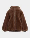 Elie Saab Lamb Shearling Hooded Oversized Zip Jacket In Brown