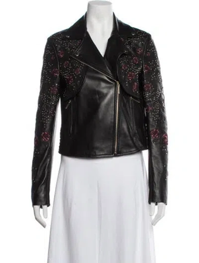 Pre-owned Elie Saab Leather Floral Print Biker Jacket In Black