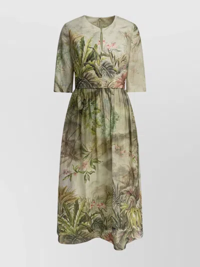 ELIE SAAB LINEN AND SILK MIDI DRESS WITH TROPICAL PRINT