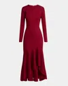 Elie Saab Long-sleeve Flounce-hem Jersey Midi Dress In Red