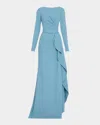 Elie Saab Long-sleeve Ruffle-slit Cady Gown In Blue