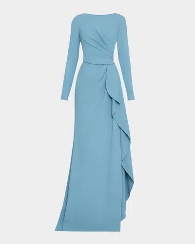Elie Saab Long-sleeve Ruffle-slit Cady Gown In Blue