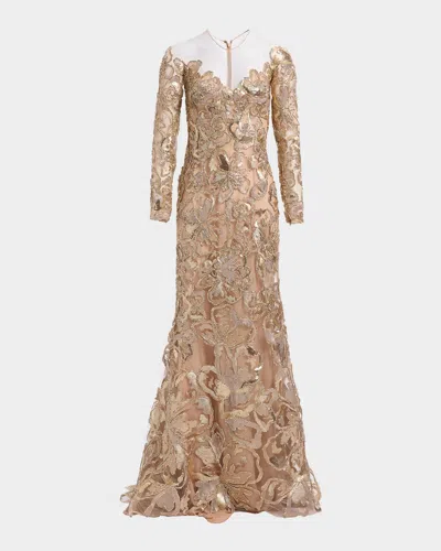 Elie Saab Long-sleeve Metallic Raffia Embroidered Illusion Gown In Multi