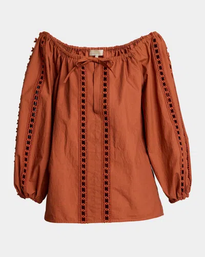 Elie Saab Macrame Inset Cotton Off-the-shoulder Top In Brown