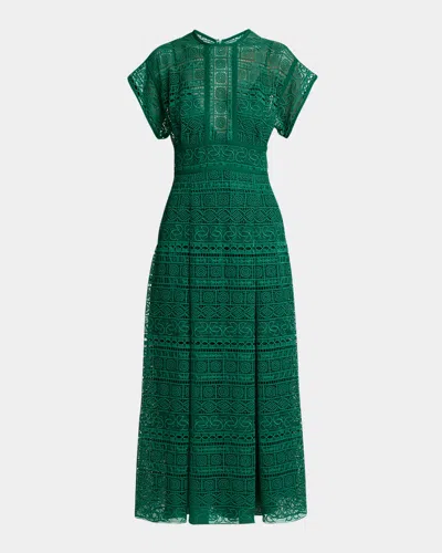 Elie Saab Macrame Lace Short-sleeve Midi Dress In Green