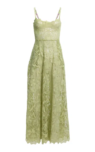 Elie Saab Macrame Silk-blend Midi Dress In Green