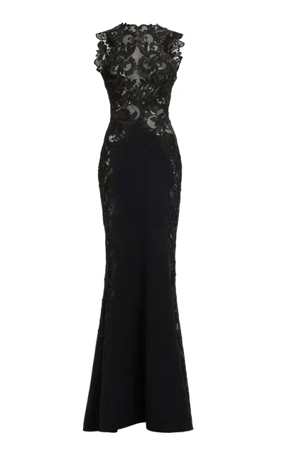 Elie Saab Macrame-lace Paneled Maxi Dress In Black