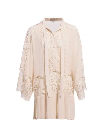 Elie Saab Macramé-trimmed Pleated Mini Dress In Neutral
