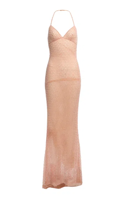Elie Saab Mesh Beaded Maxi Dress In Neutral