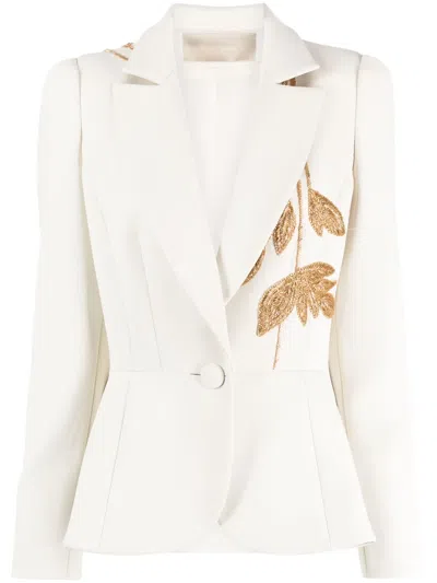 Elie Saab Bead Embroidered Cady Single-breasted Peplum Blazer In Powder White