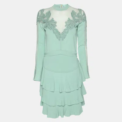 Elie Saab Mint Green Tulle Paneled Stretch Knit Appliquéd Mini Dress