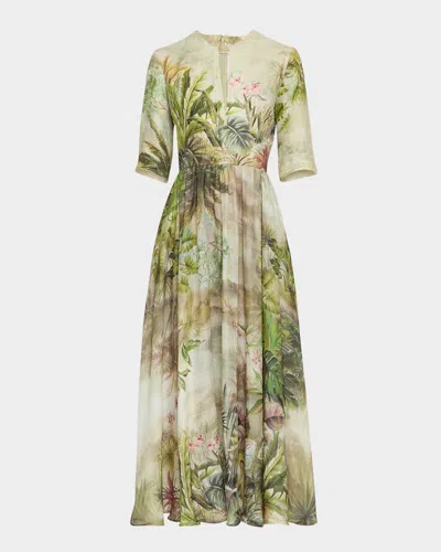 ELIE SAAB MIXED-MEDIA PRINTED SHORT-SLEEVE MIDI DRESS
