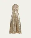 Elie Saab Mock-neck Sequined Tulle Sleeveless Midi Dress In Gold