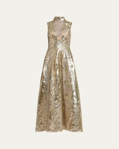 Elie Saab Mock-neck Sequined Tulle Sleeveless Midi Dress In Gold