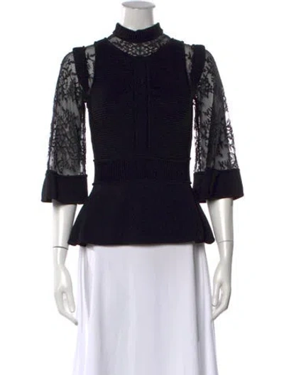Pre-owned Elie Saab Mock Neck Three-quarter Sleeve Blouse In Black