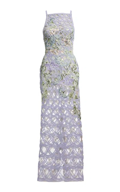 Elie Saab Multicolor Embroidered Applique Midi Dress In Blue