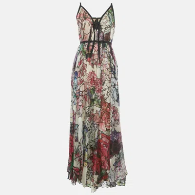 Pre-owned Elie Saab Multicolor Floral Print Organza Silk Runway Gown M In Red