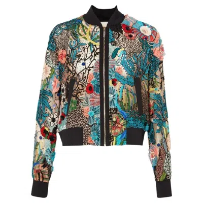 Pre-owned Elie Saab Nwt  2018 Collection 3d Floral Embellishment Bomber Jacket In Black