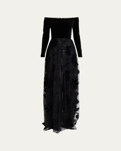 ELIE SAAB OFF-THE-SHOULDER VELVET SEQUINED TULLE GOWN