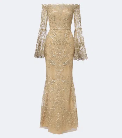 Elie Saab Off-shoulder Lace Gown In Gold