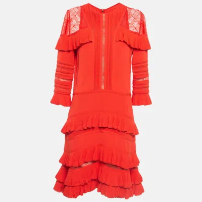 Pre-owned Elie Saab Orange Stretch Knit Frilled Short Dress M