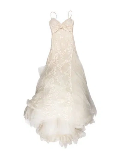 Pre-owned Elie Saab Patterned Long Dress In White