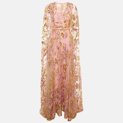 Pre-owned Elie Saab Pink Embroidered & Sequin Detail Mesh Shoulder Drape Gown S