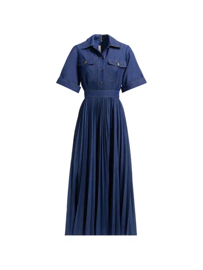 Elie Saab Pleated Denim Midi Dress In Multi