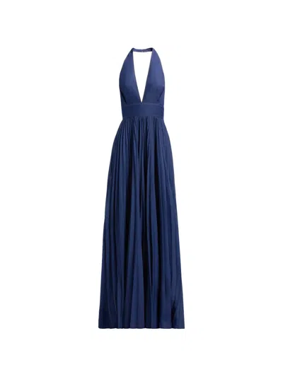 Elie Saab Pleated Halterneck Denim Maxi Dress In Blue
