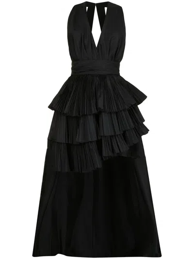 Elie Saab Pleated Plunge-neck Silk Dress In Black