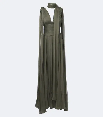 Elie Saab Pleated Scarf-detail Silk Gown In Green