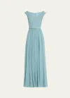 Elie Saab Pleated Silk Gown With Scarf And Belted Waist In Cerulean Blue Cb0