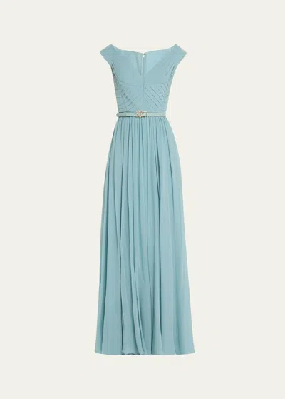 Elie Saab Pleated Silk Gown With Scarf And Belted Waist In Cerulean Blue Cb0